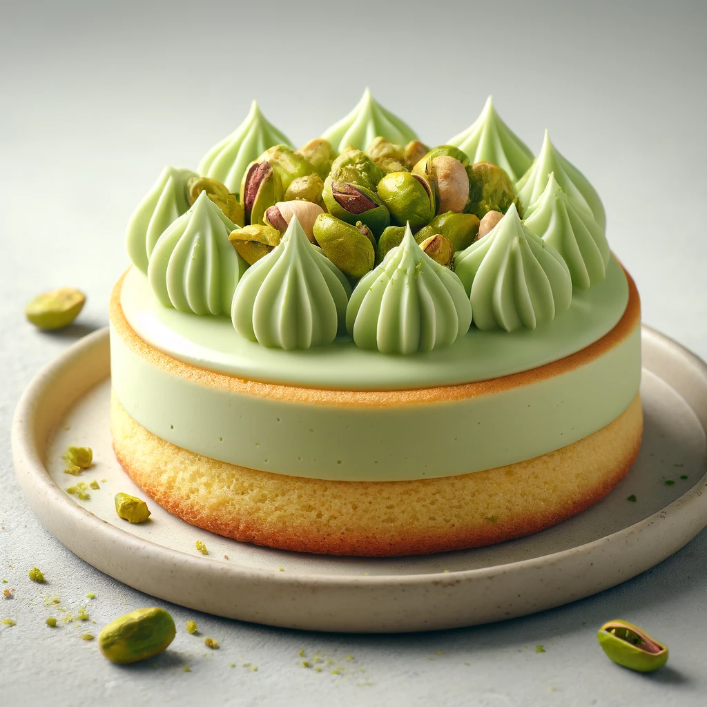 Krémes pisztáciás mousse torta pirított pisztáciával díszítve