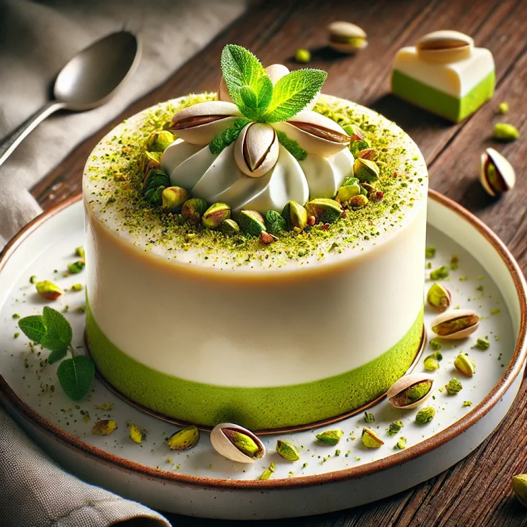 Pisztáciás panna cotta torta pisztáciakrémmel és friss pisztáciával díszítve