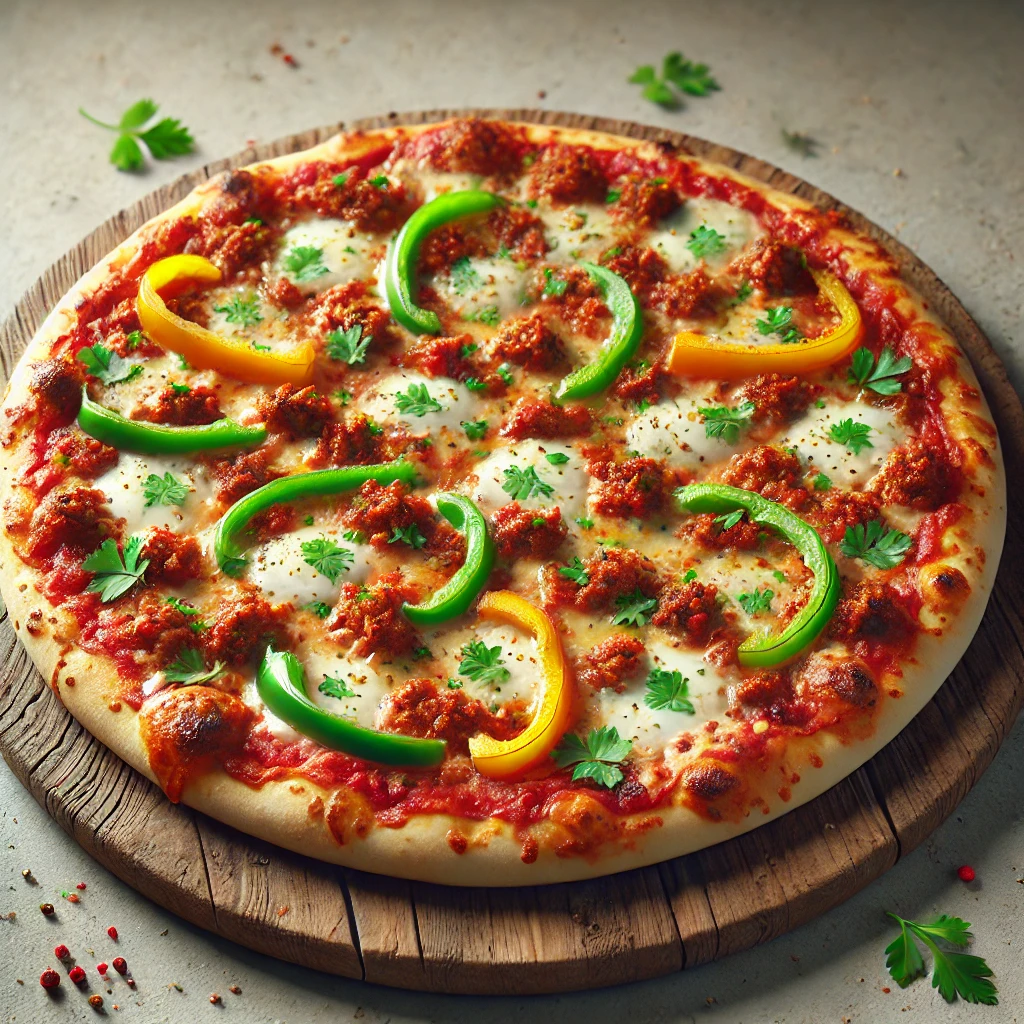 Pizza Algerienne, paprikás hússal és friss zöldségekkel