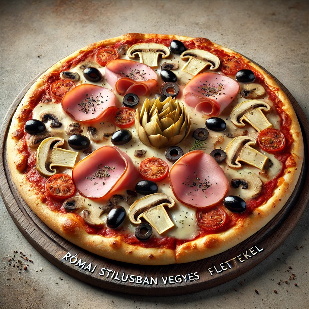 Vegyes feltétes pizza sonkával, articsókával, gombával és olívabogyóval