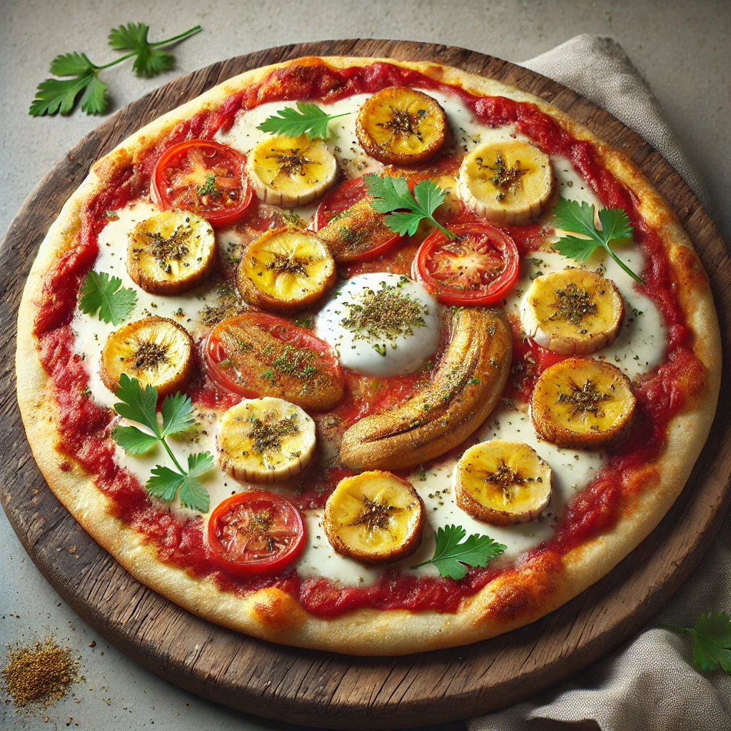 Pizza Costarricense, helyi fűszerekkel és sült banánnal