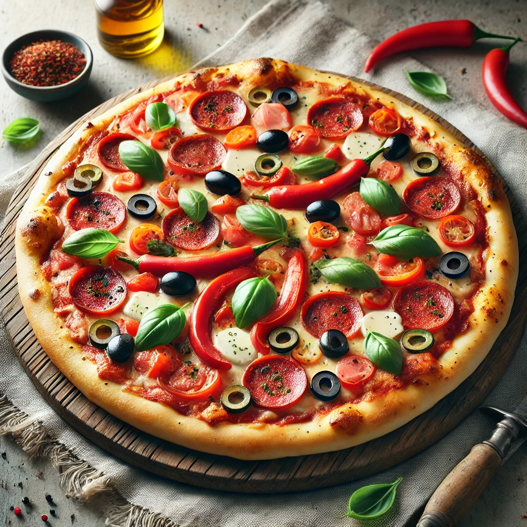 Spanyol stílusú pizza chorizóval és mediterrán ízekkel