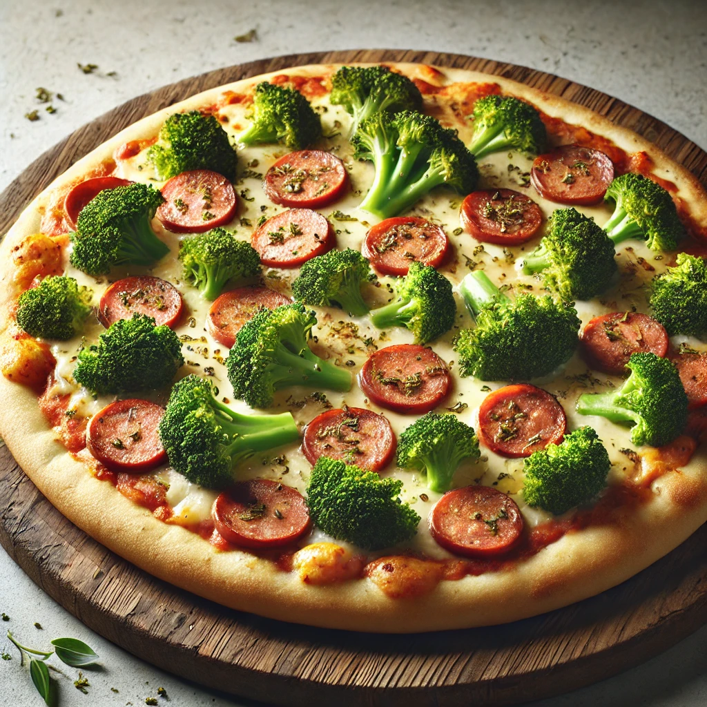 Brokkolis-kolbászos pizza mozzarella és oregánó feltéttel