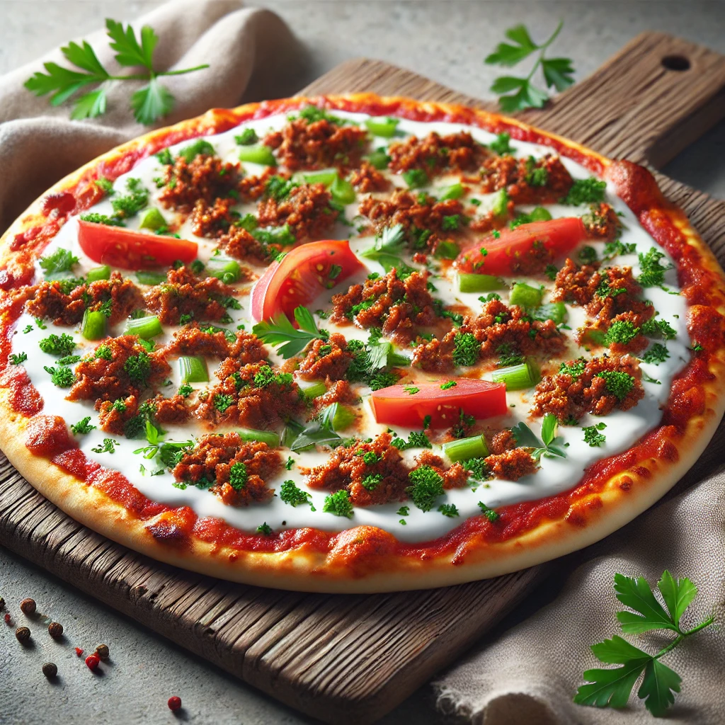 Török joghurtos pizza fűszeres hússal és zöldségekkel