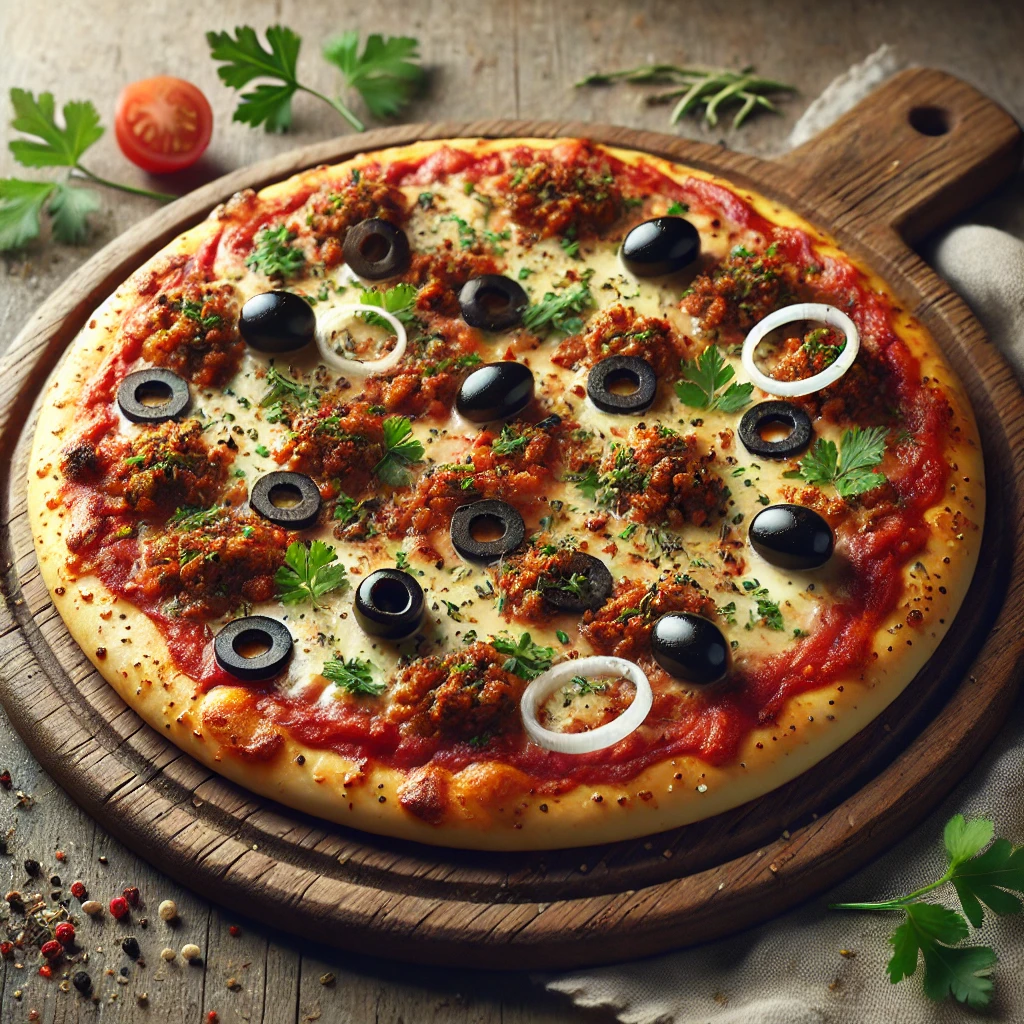 Pizza Libyenne, fűszeres darált hússal és fekete olívával