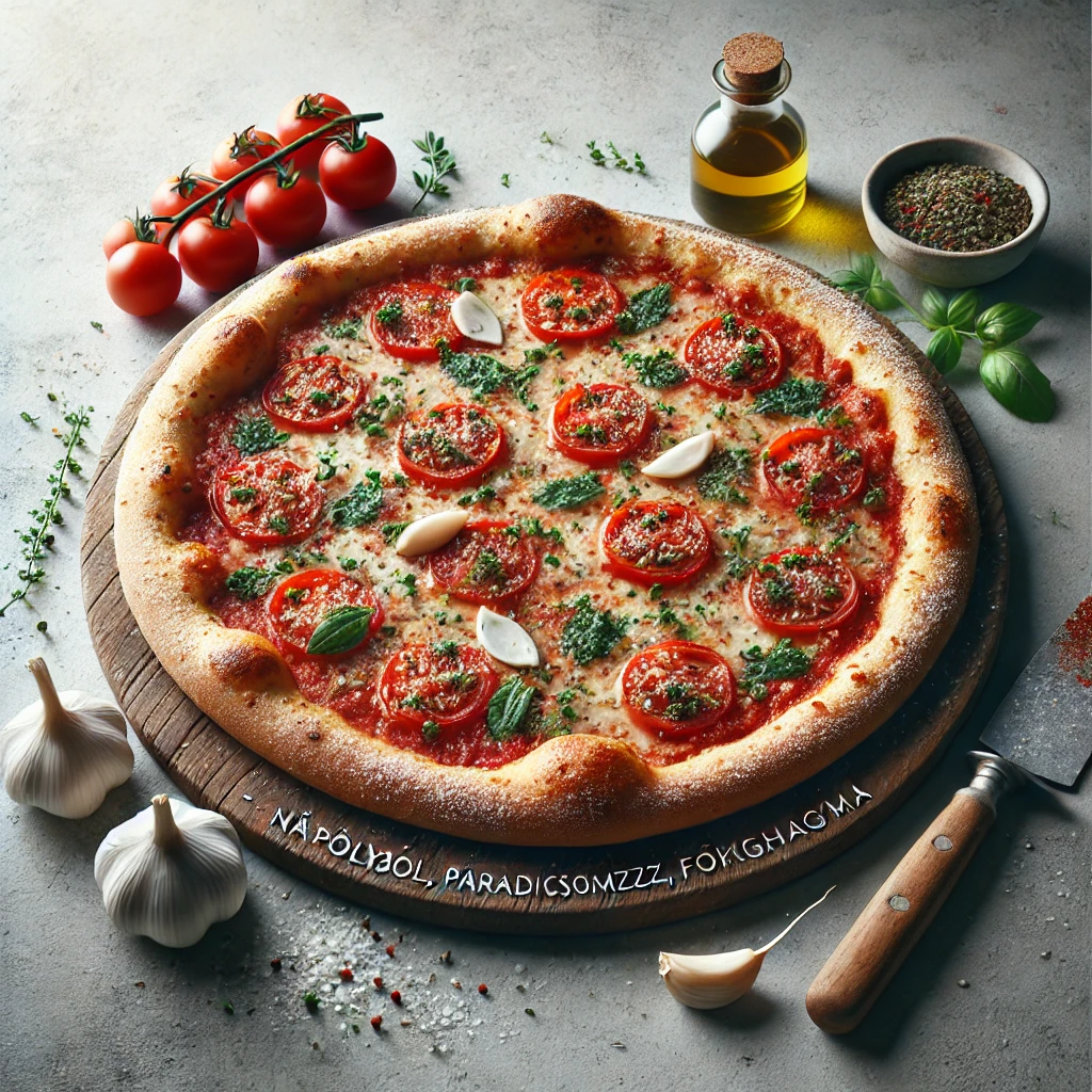 Pizza paradicsomszósszal, fokhagymával és oregánóval