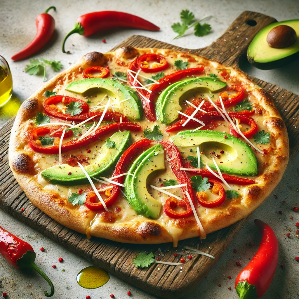 Egzotikus pizza perui fűszerekkel és avokádóval