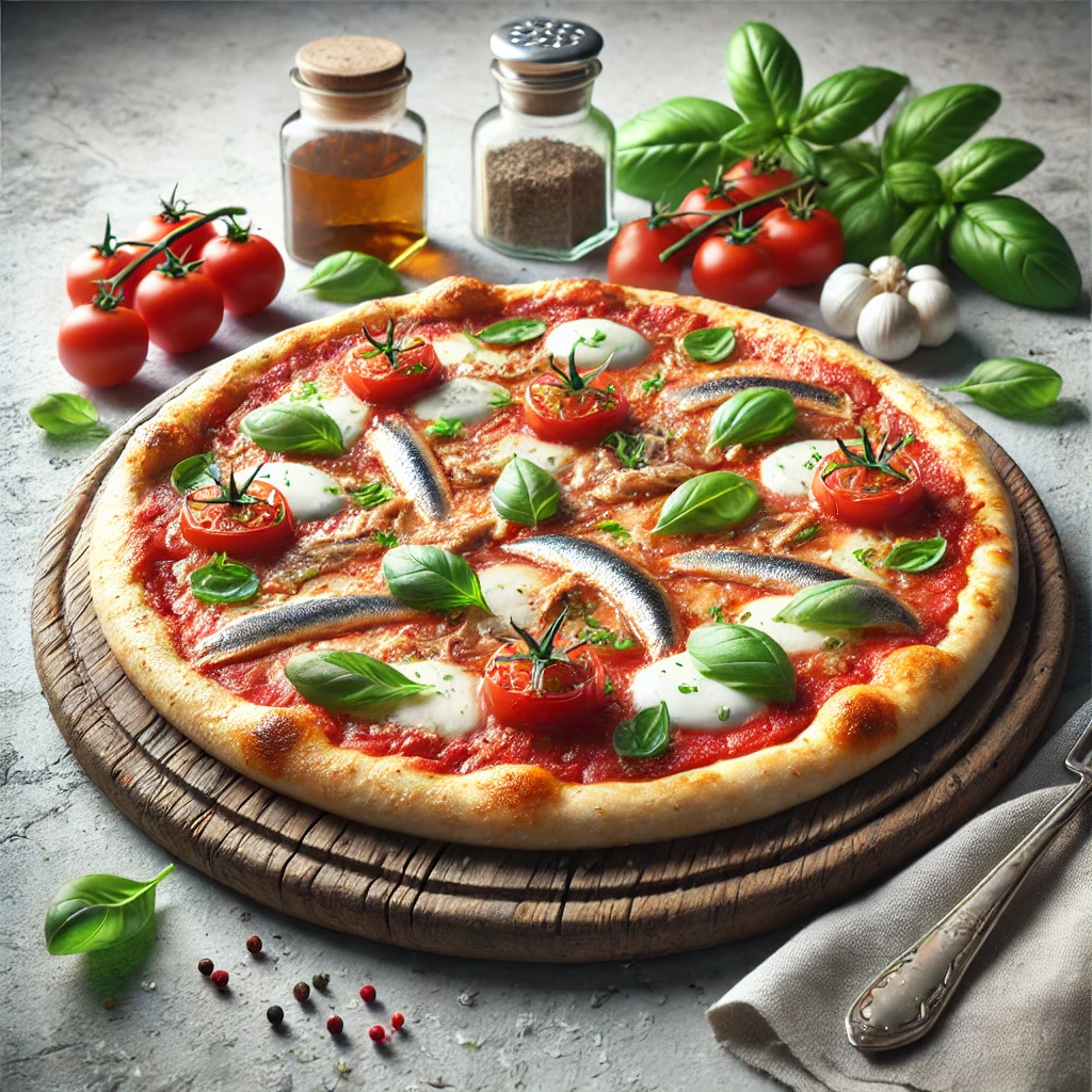 Vékony tésztás pizza szardellával és bazsalikommal