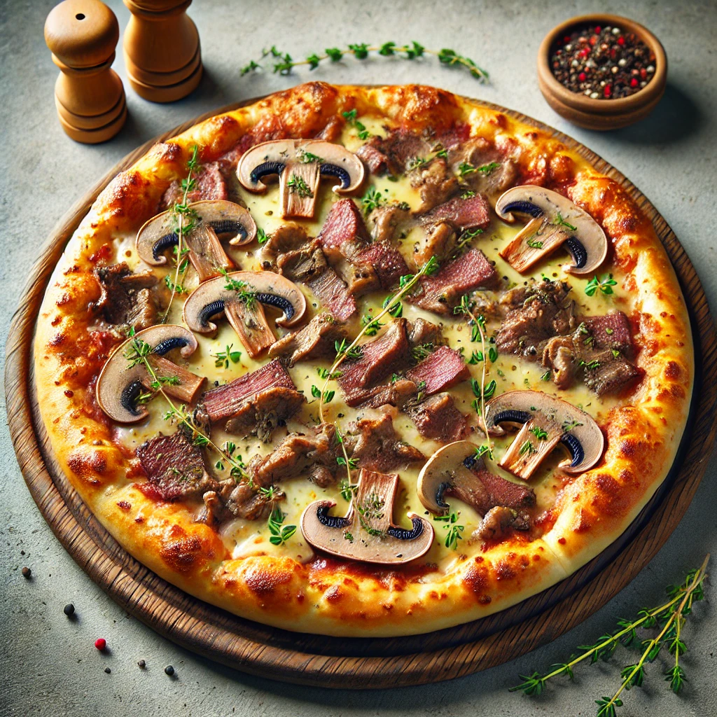 Tartalmas pizza vadászhússal és erdei gombával