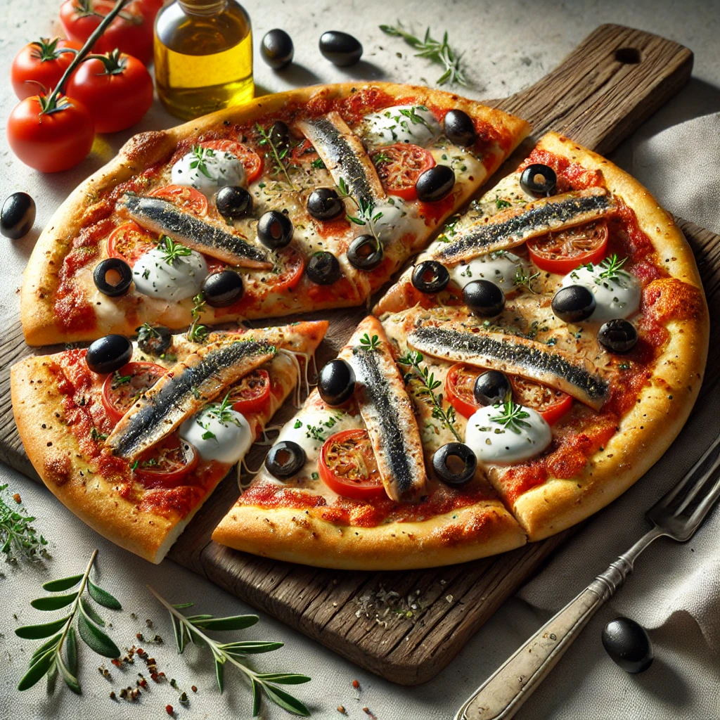 Szicíliai pizza szardellával, olívabogyóval és friss mozzarellával