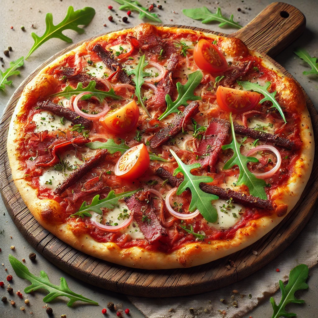 Pizza Sudafricana, dél-afrikai biltonggal és rukolával