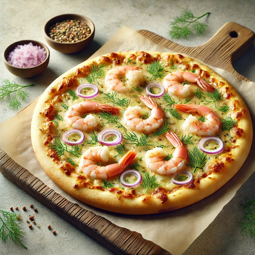 Friss garnélarákkal és kaporral készített pizza