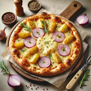 Különleges svájci pizza burgonyával és raclette sajttal