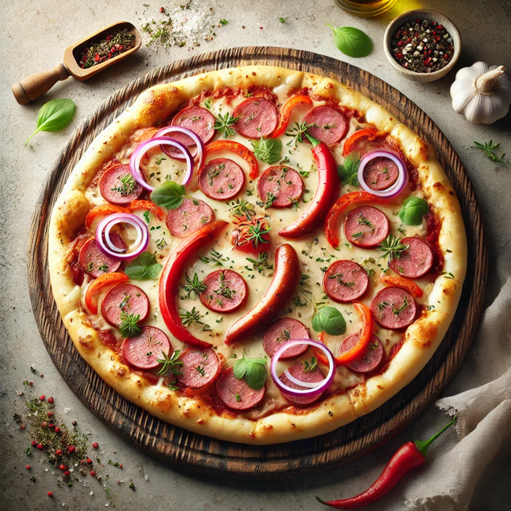 Osztrák stílusú pizza kolbásszal és mediterrán ízekkel