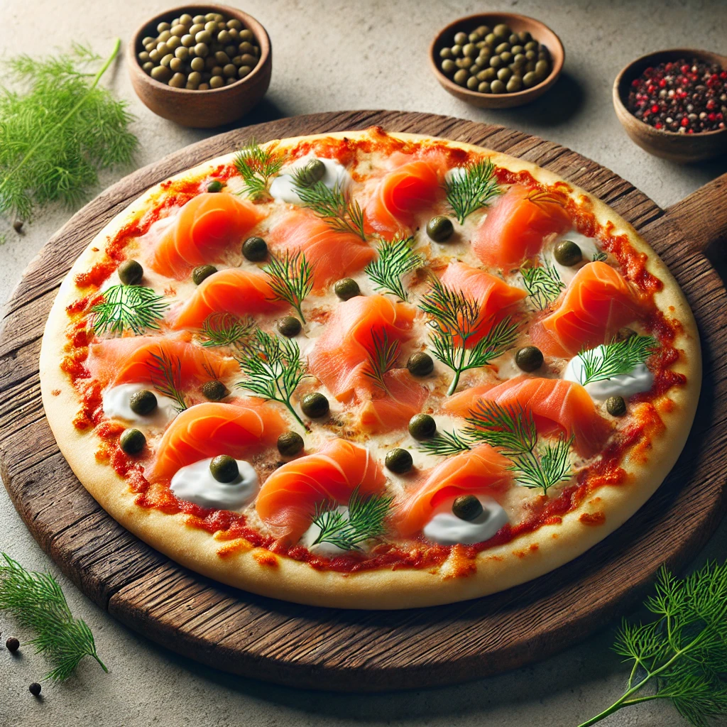 Norvég stílusú pizza füstölt lazaccal és kapribogyóval