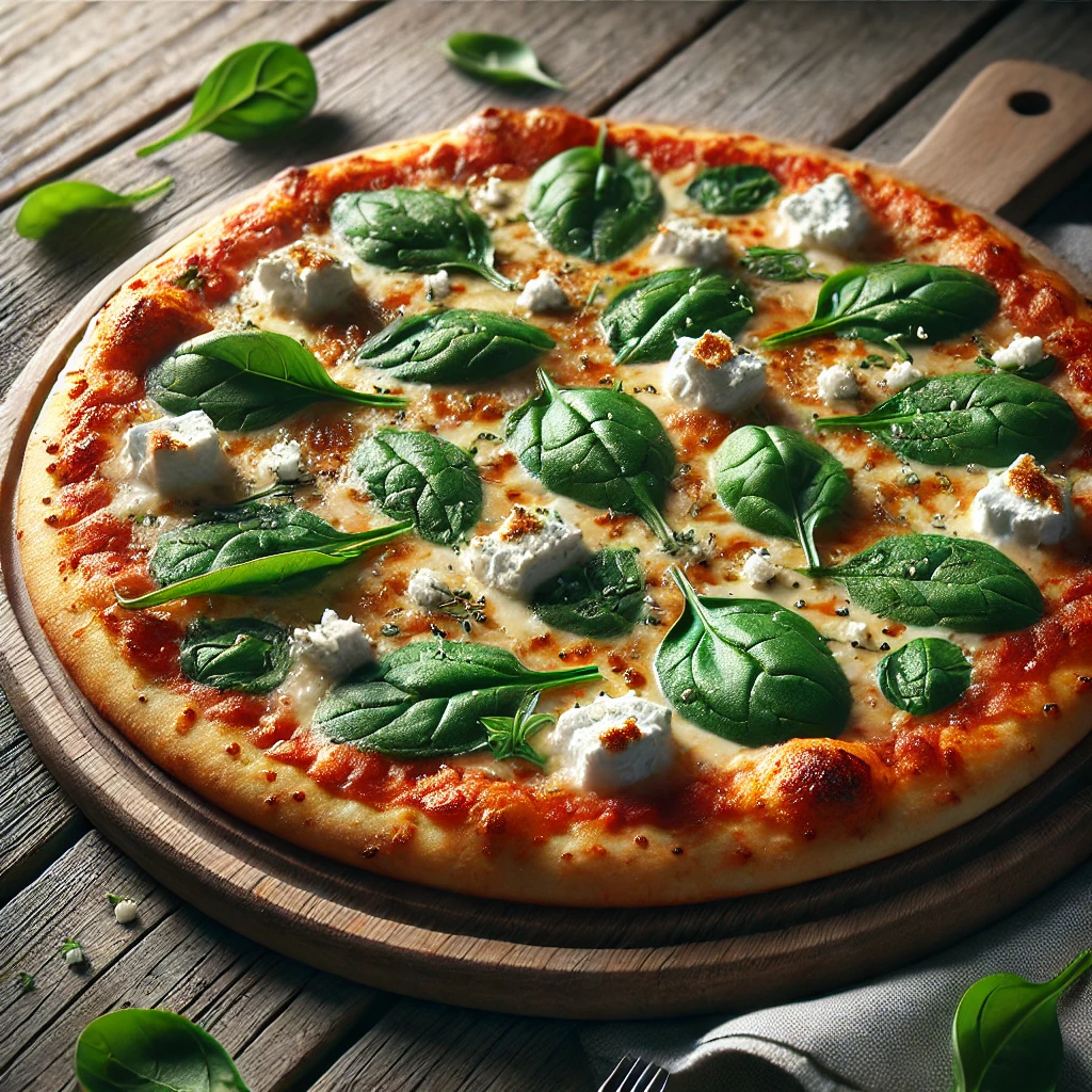 Friss kecskesajttal és spenóttal készített pizza