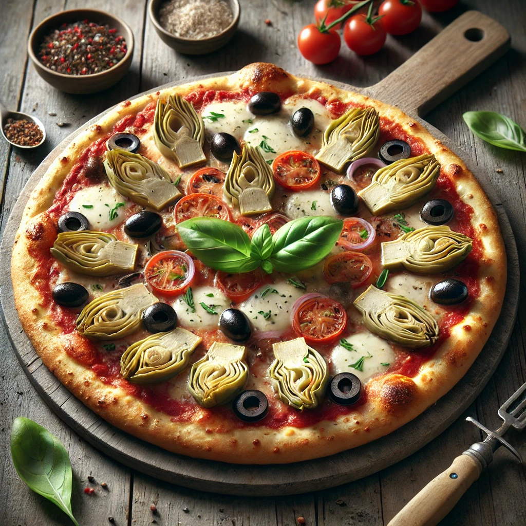 Olasz pizza articsókával és fekete olívabogyóval