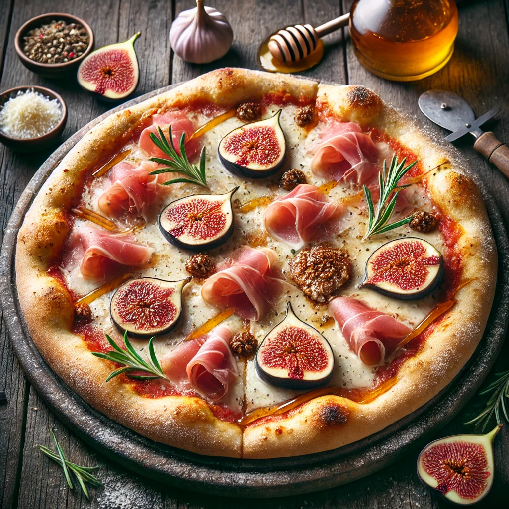 Friss füge és prosciutto sonka egyedi kombinációja pizzán