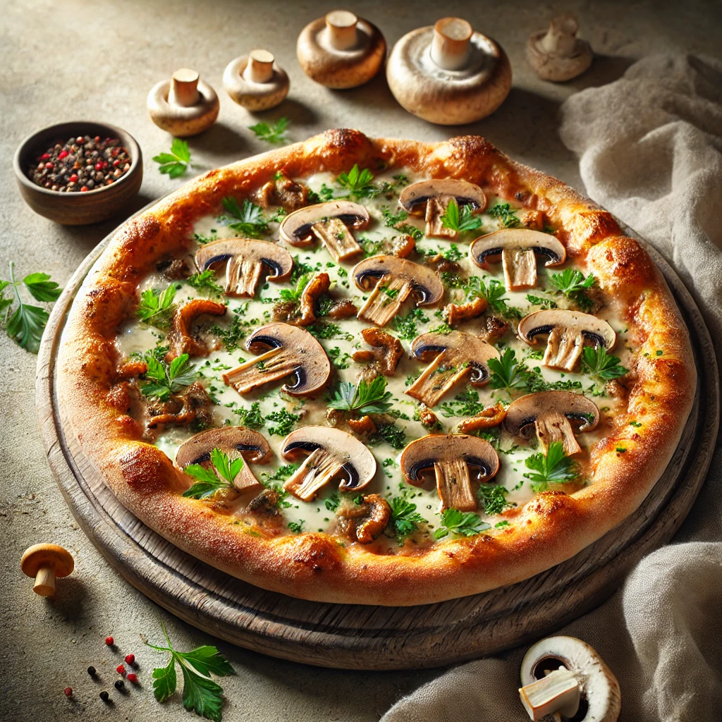 Olasz stílusú pizza erdei gombákkal és fokhagymával