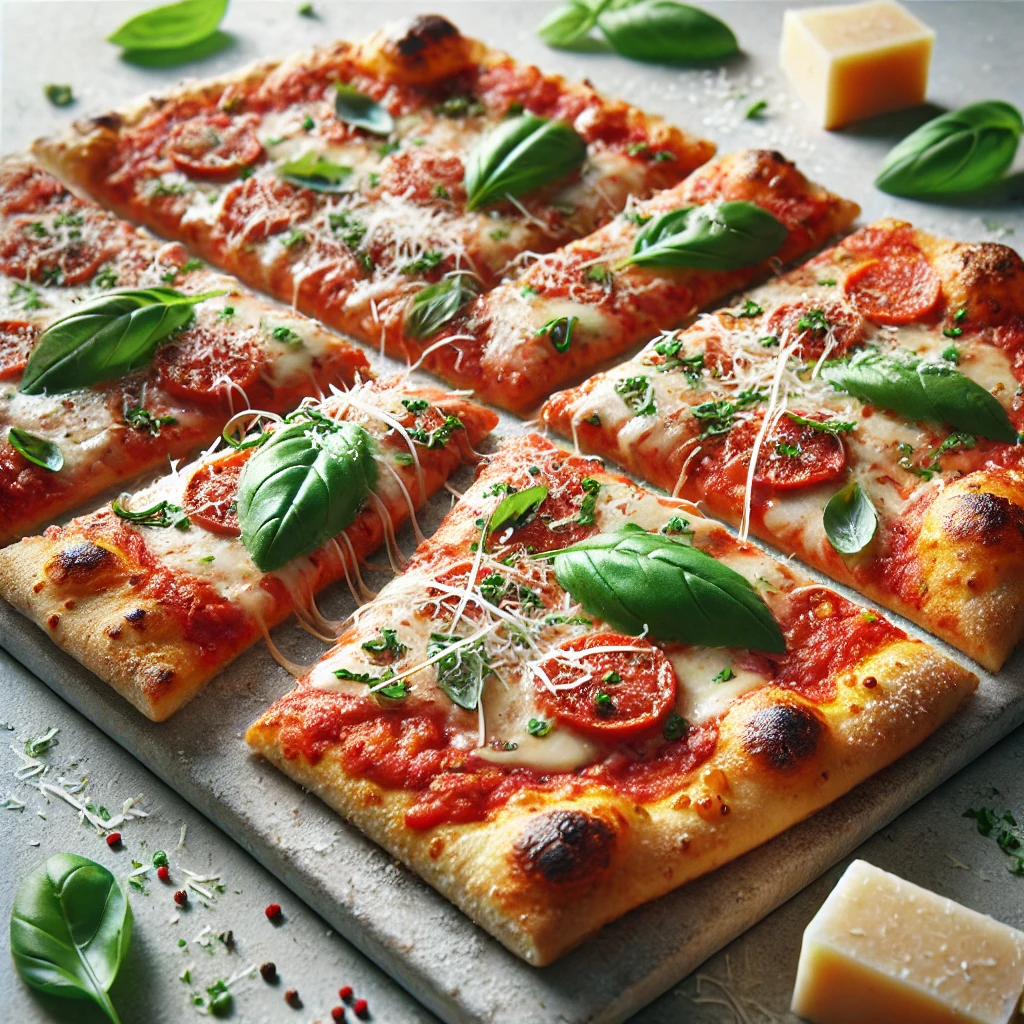 Római szeletelt pizza vastag tésztával és bazsalikommal