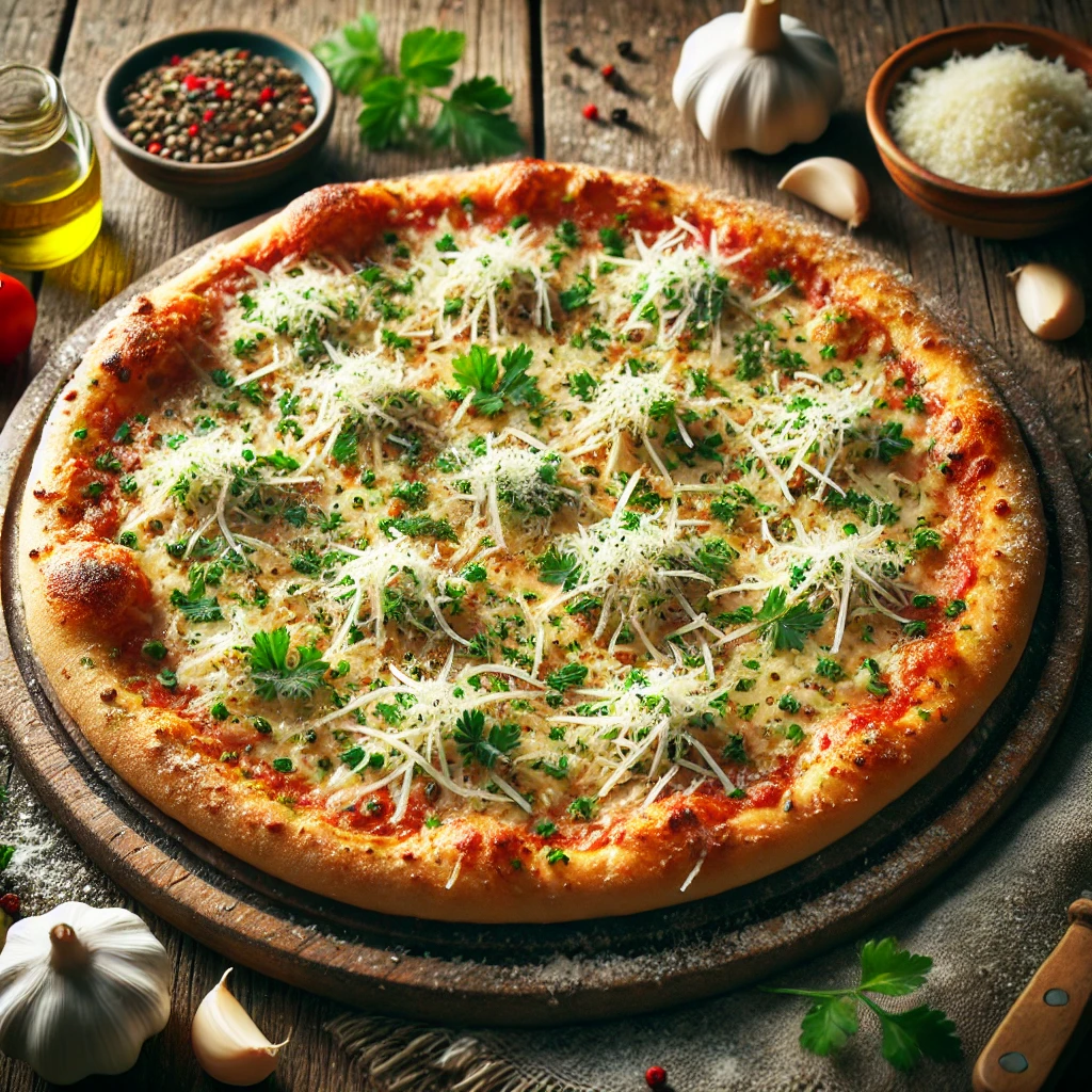 Egyszerű és ízletes fokhagymás pizza sajttal