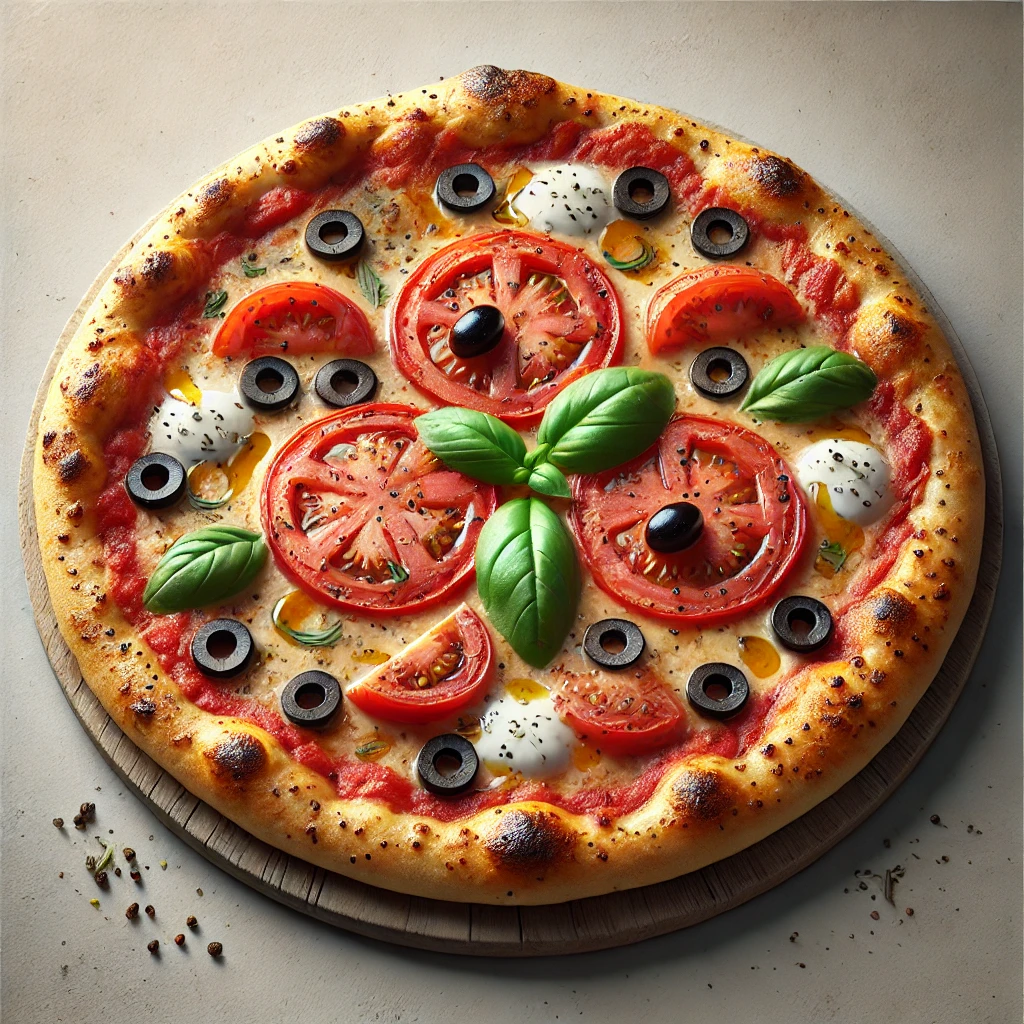Bari régióból származó paradicsomos és olajbogyós pizza
