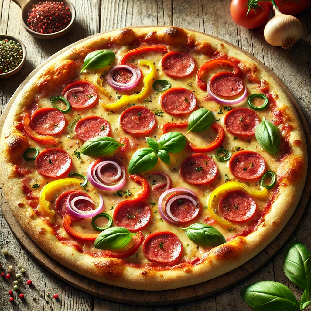 Házias stílusú olasz pizza szalámival, paprikával és hagymával