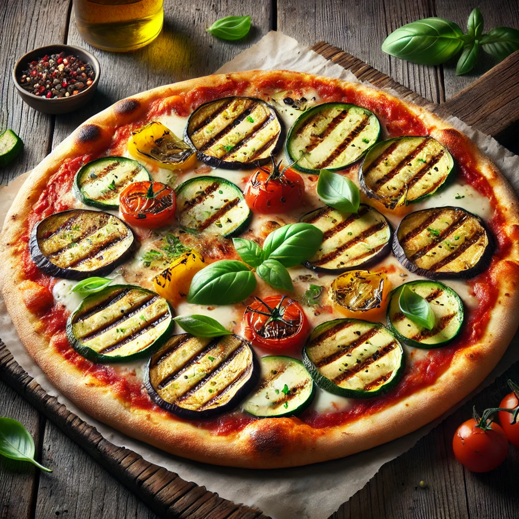 Grillezett zöldséges pizza friss bazsalikommal