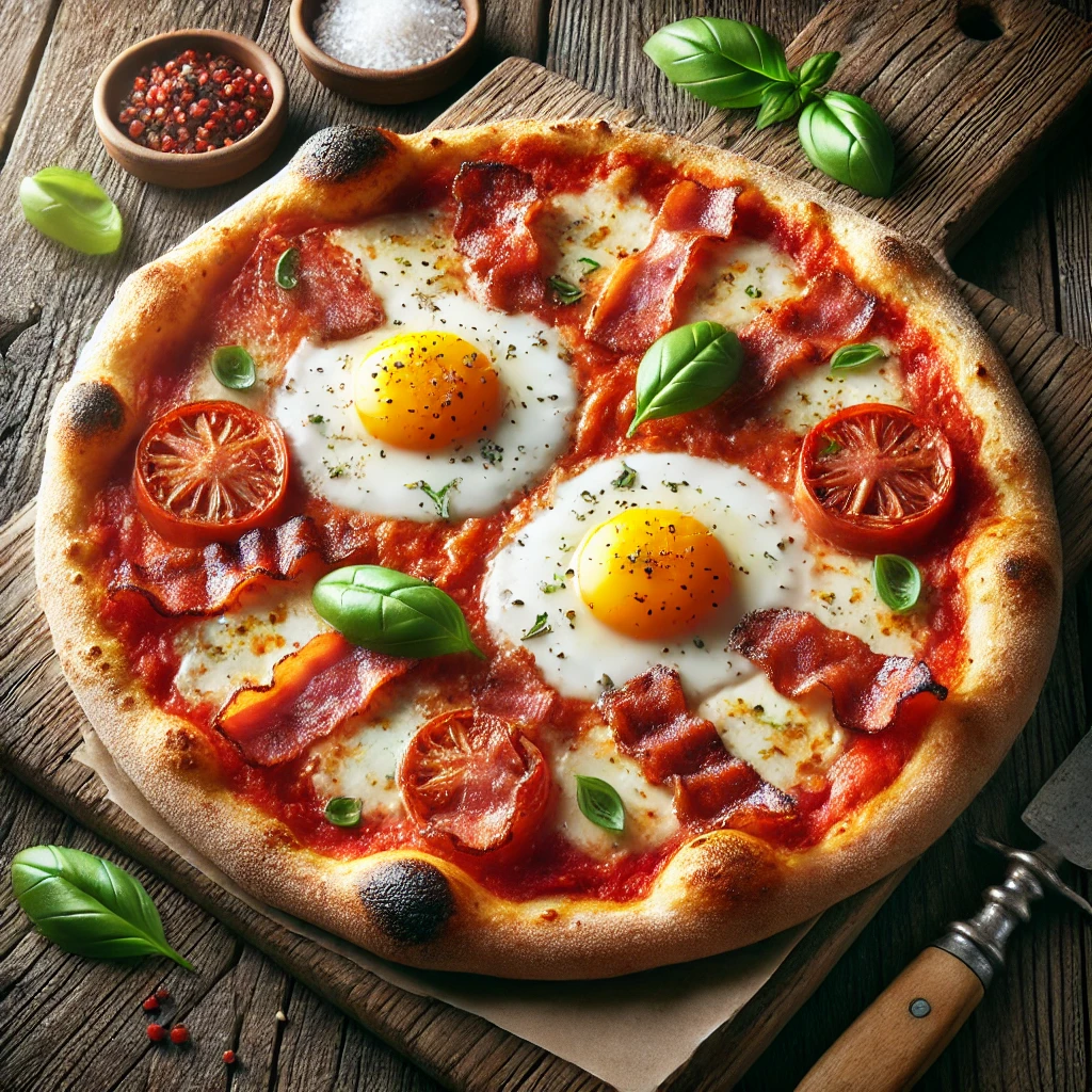Ízletes olasz pizza szalonnával, tojással és mozzarellával