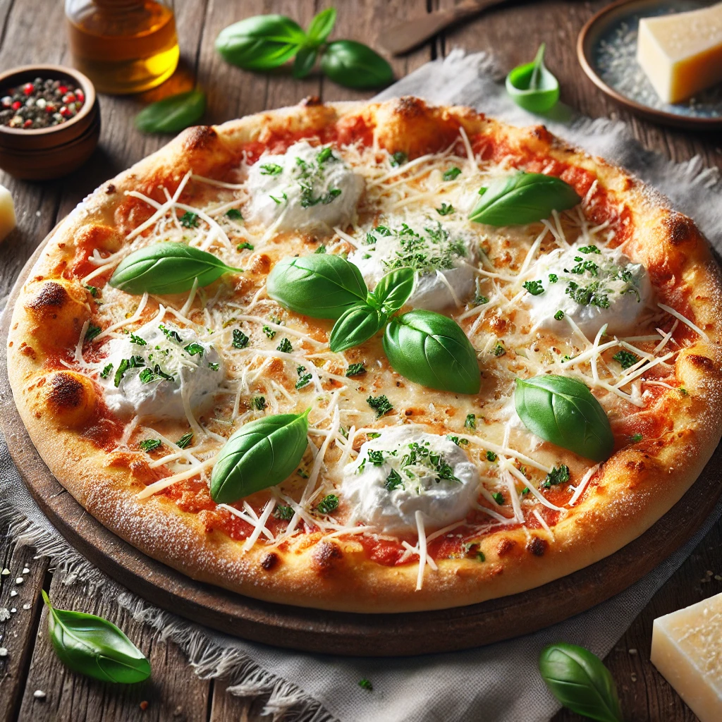 Ricottás és sajtos olasz pizza friss bazsalikommal