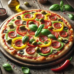 Zöldséges és fűszeres kolbászos pizza