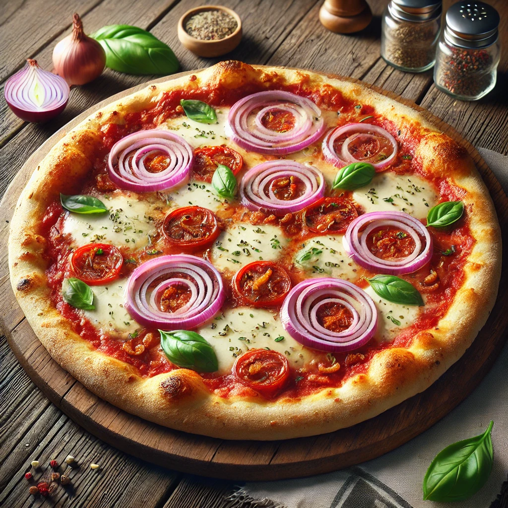 Egyszerű olasz pizza vöröshagymával és paradicsomszósszal