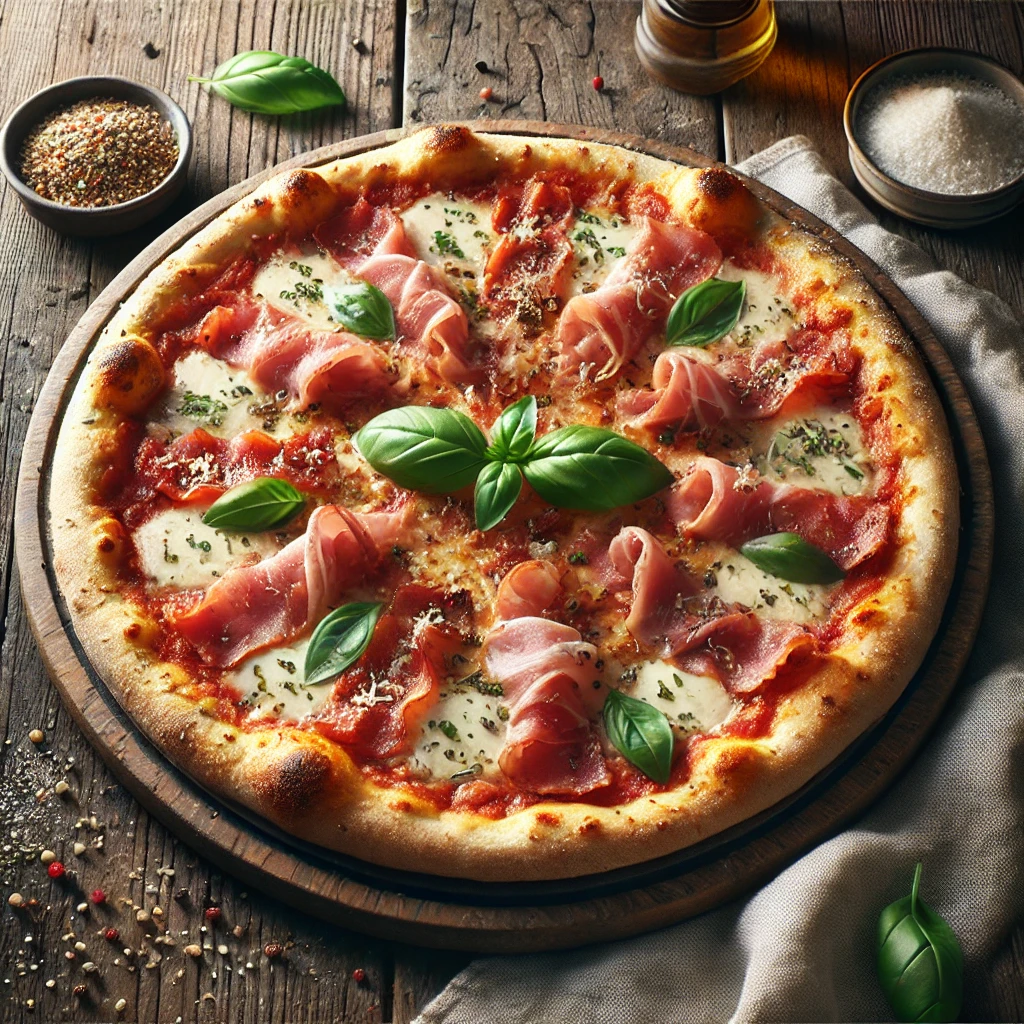 Olasz pizza szalonnával, mozzarellával és parmezánnal