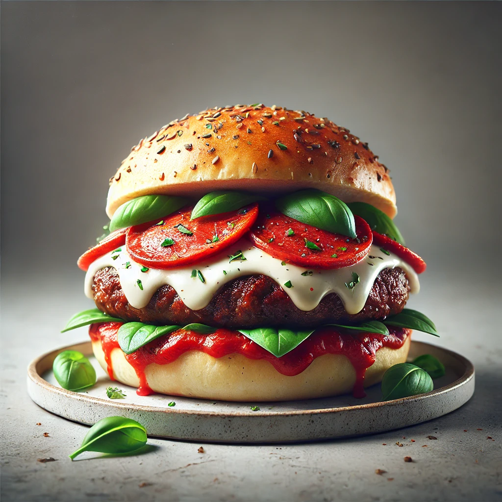 Mozzarellával és pepperonival készült pizzás burger