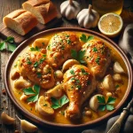 Pollo al Ajillo, spanyol fokhagymás csirke fehérboros szósszal tálalva