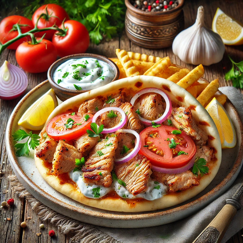 Lédús sertéshús gyros tzatziki szósszal és friss zöldségekkel