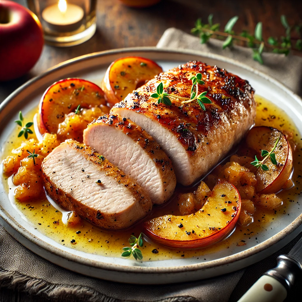 Juicy roasted pork loin paired with sweet apple compote