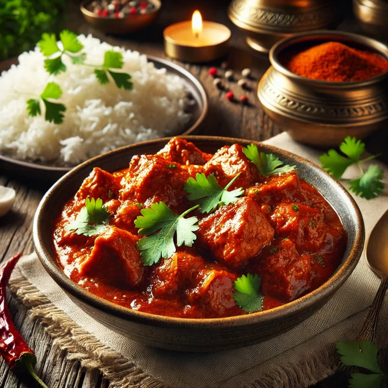 Pork Vindaloo tálalva rizzsel és friss korianderrel
