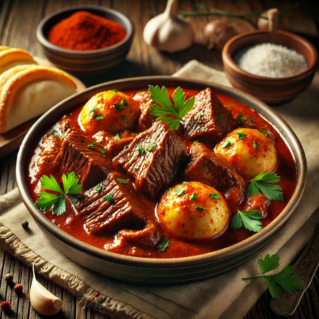 Gazdag magyar pörkölt őzhúsból, vörösboros ízvilággal