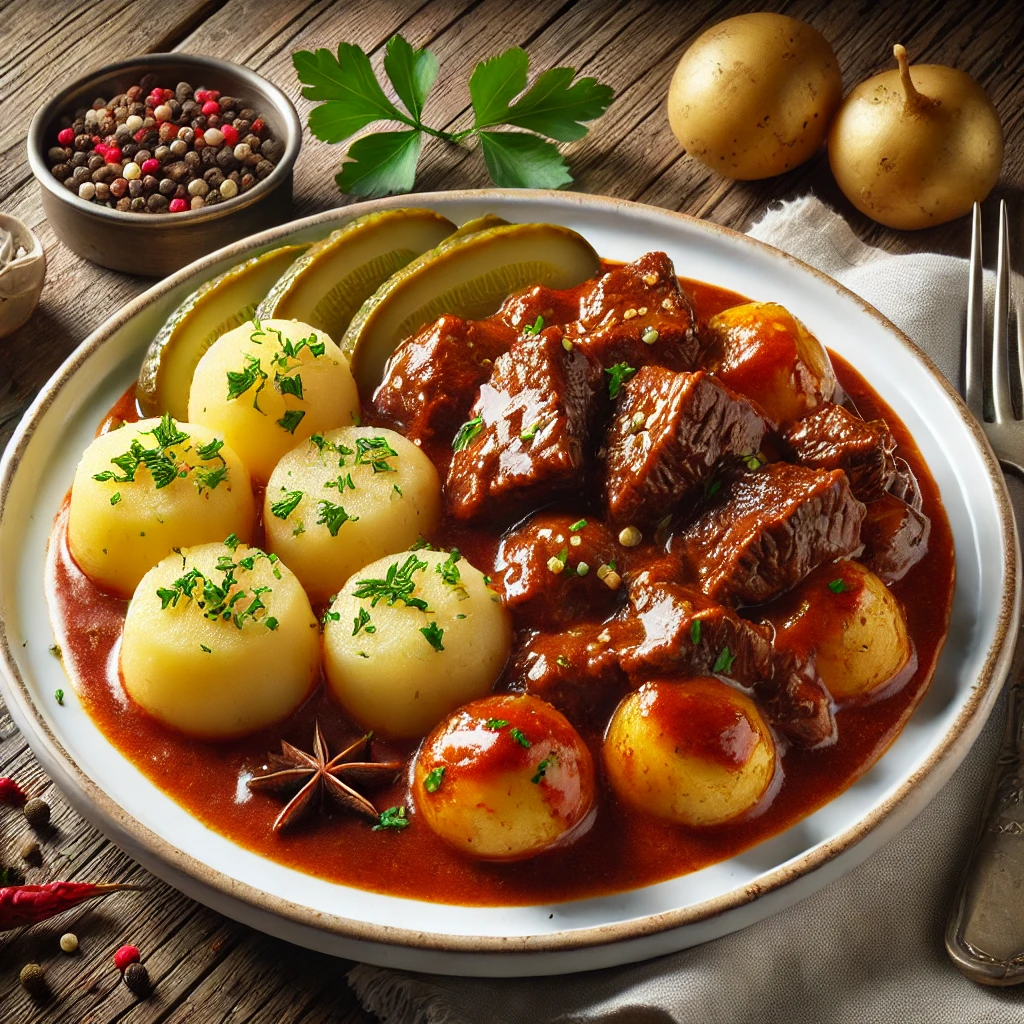 Klasszikus magyar pörkölt krumplival és savanyúsággal