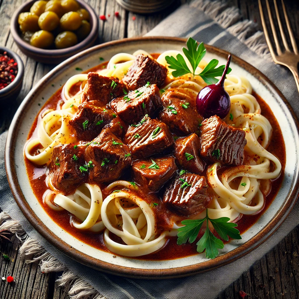 Gazdag ízvilágú magyar pörkölt szélesmetélttel