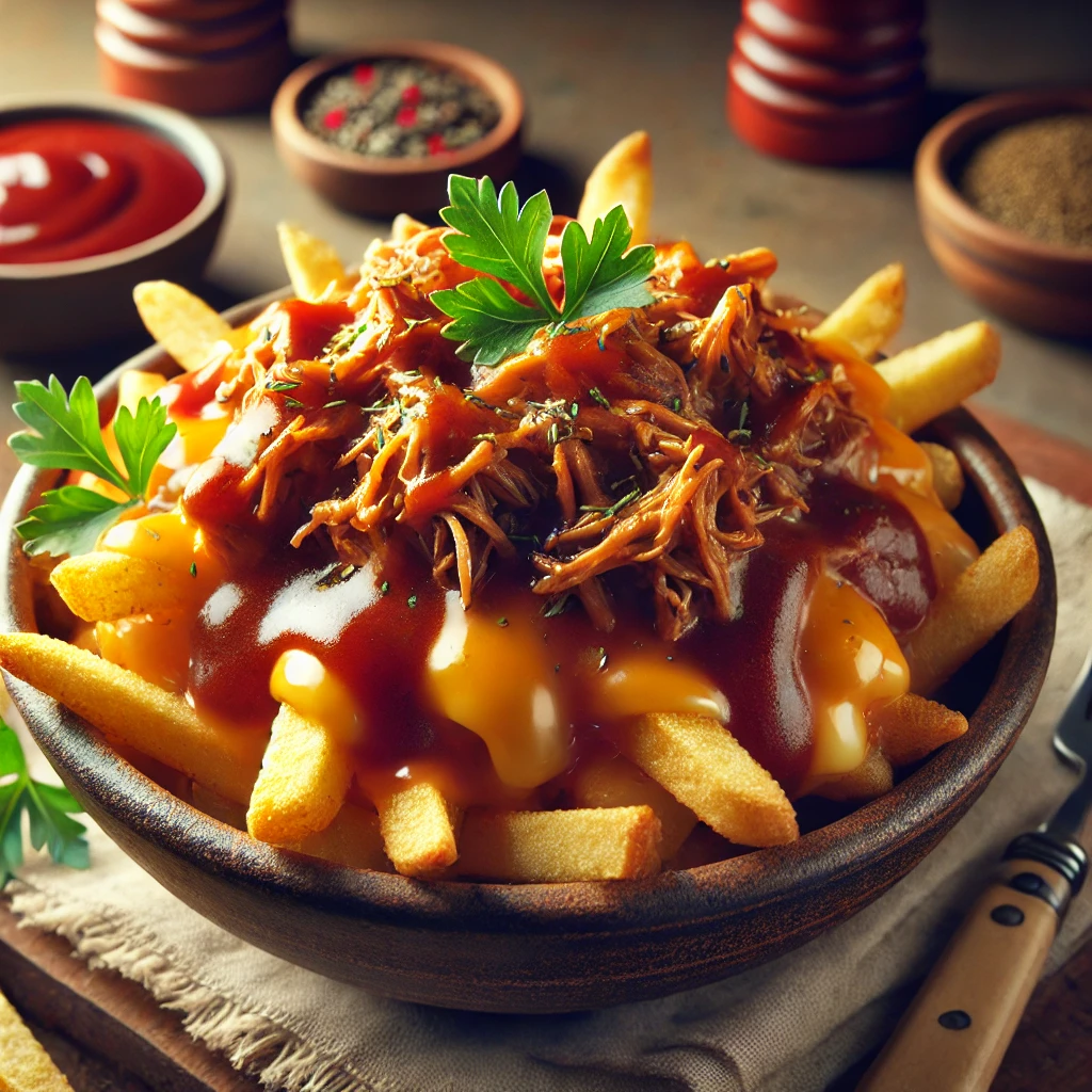 Kanadai poutine sült krumplival, tépett hússal és cheddar sajttal