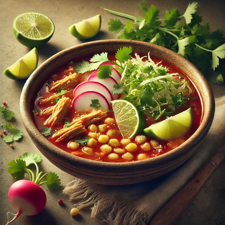 Pozole mexikói húsos leves tálalva