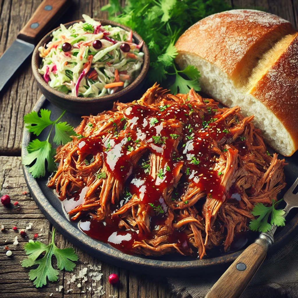 Omlós kacsahús barbecue szósszal és friss díszítéssel