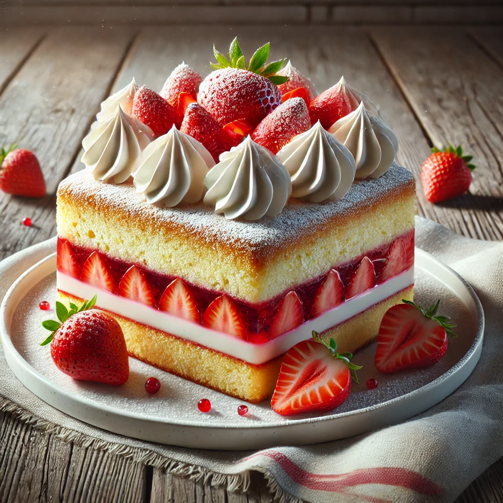 Könnyű és ízletes torta puncsos ízzel és friss eperrel