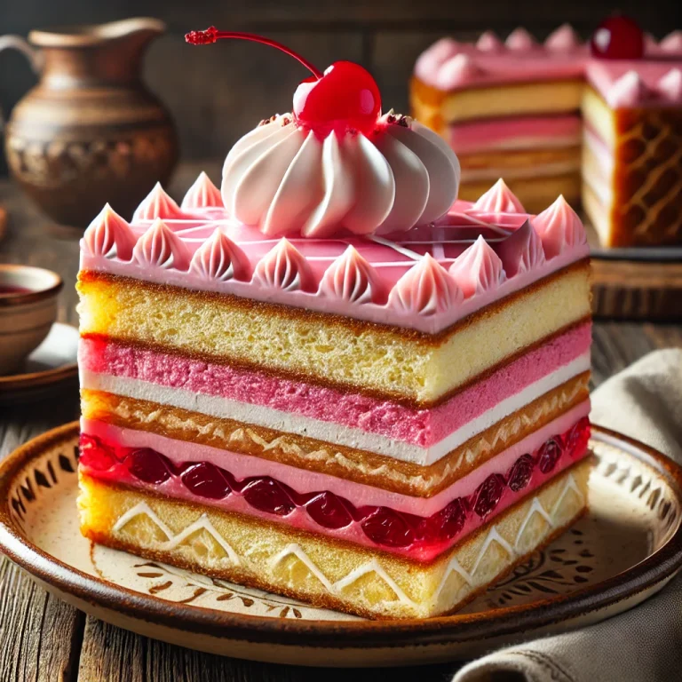 Rózsaszín mázzal bevont puncstorta csokoládécsíkokkal díszítve és cukrozott gyümölcsökkel tálalva.
