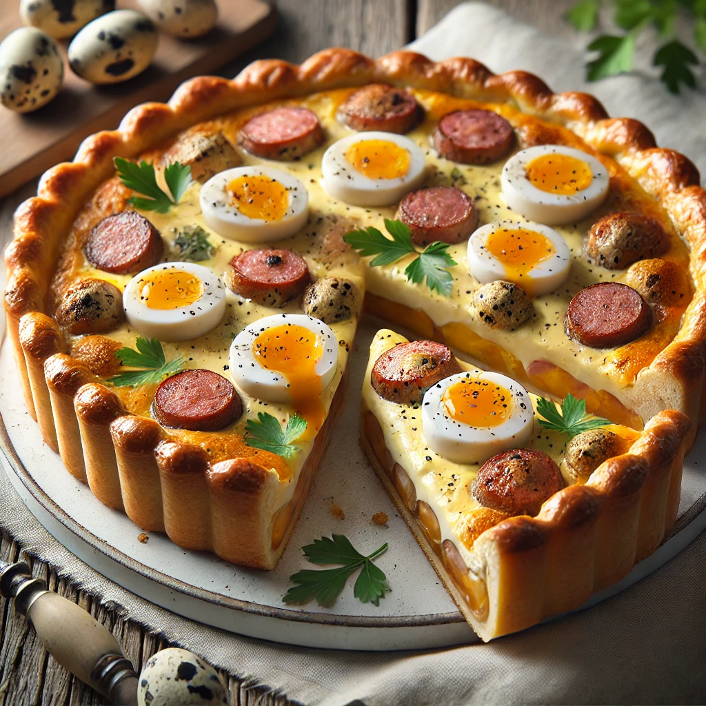Ízletes kolbászos és fürjtojásos tart
