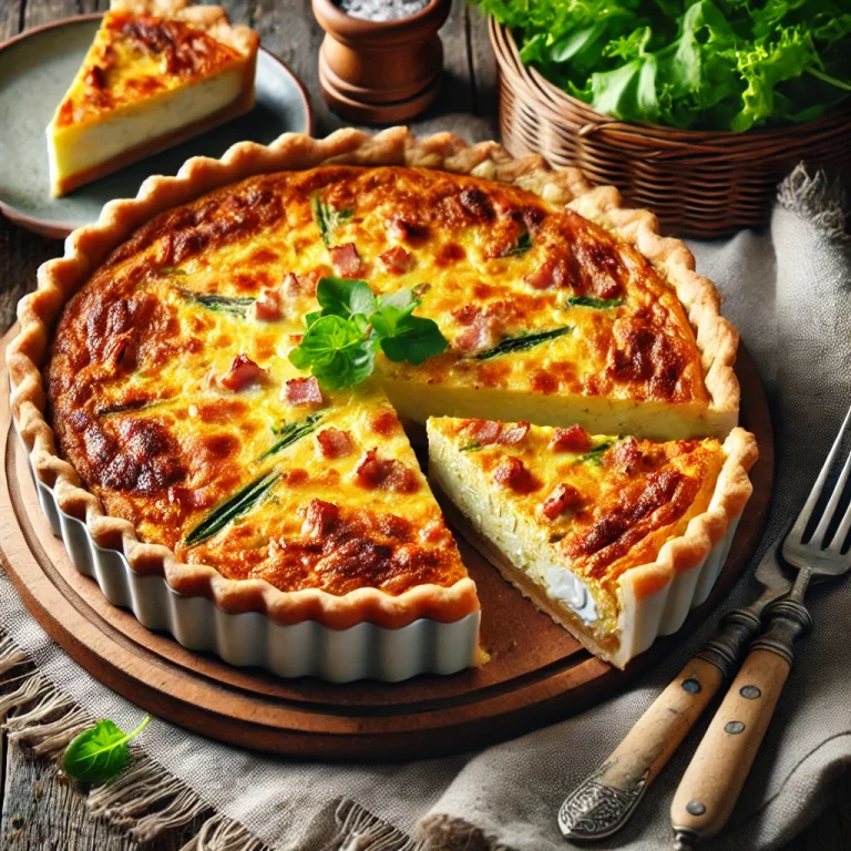 Klasszikus Quiche Lorraine, ropogós omlós tésztában krémes töltelékkel, szalonnadarabokkal és sajttal.