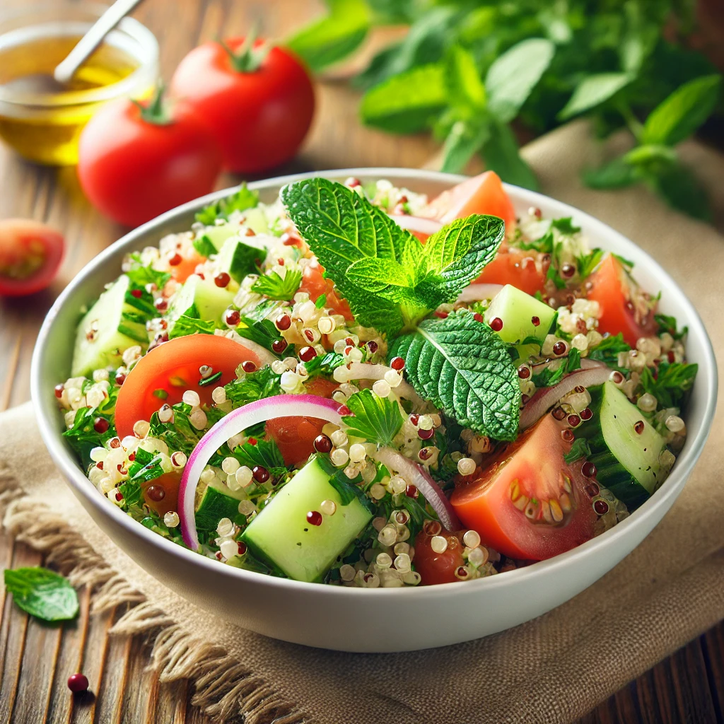 Friss és ízletes tabbouleh quinoa alappal és zöldségekkel