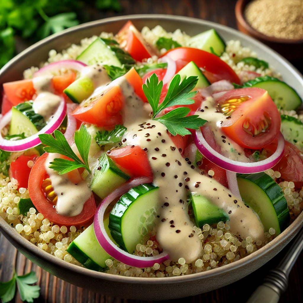 Friss zöldségek és tahini öntet quinoa alapú salátához